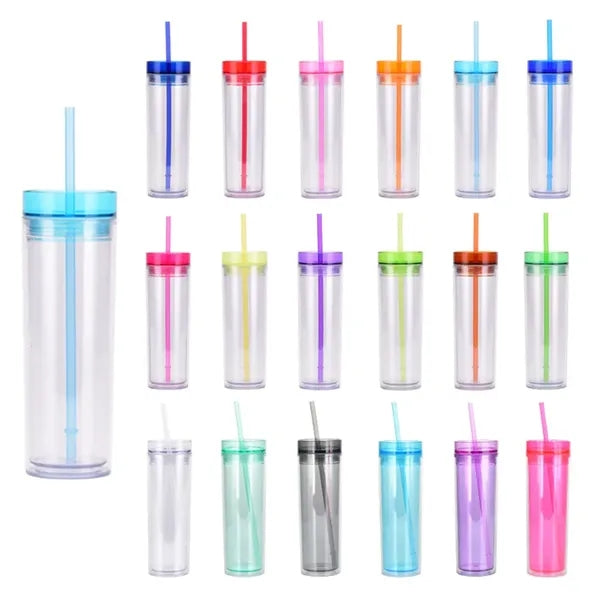 16oz Double Wall Clear Plastic Tumblers With Straw