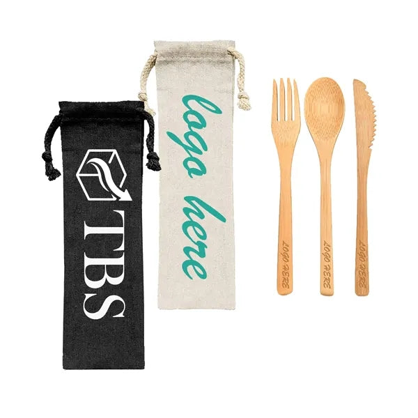 Eco-Friendly Bamboo Cutlery Set with Custom Printed Pouch