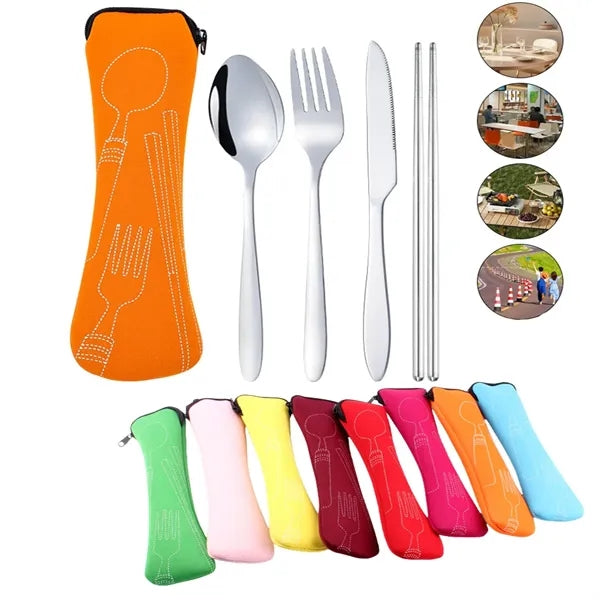Portable 4 in 1 Stainless Steel Travel Cutlery Set In Pouch