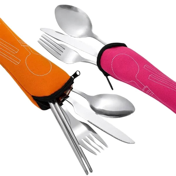 Portable 4 in 1 Stainless Steel Travel Cutlery Set In Pouch