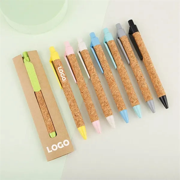 Recycled Cork Barrel Wheat Straw Grip Ballpoint Pen With Bag