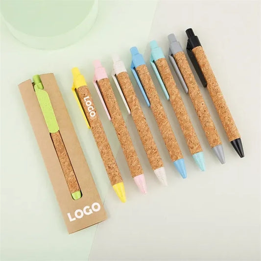 Recycled Cork Barrel Wheat Straw Grip Ballpoint Pen With Bag