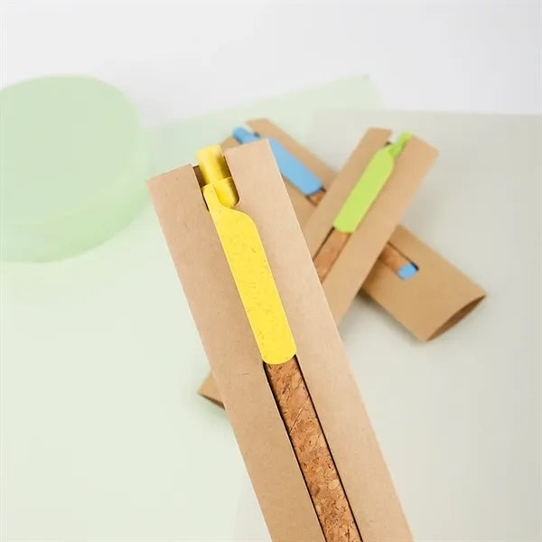 Recycled Cork Barrel Wheat Straw Grip Ballpoint Pen With Bag