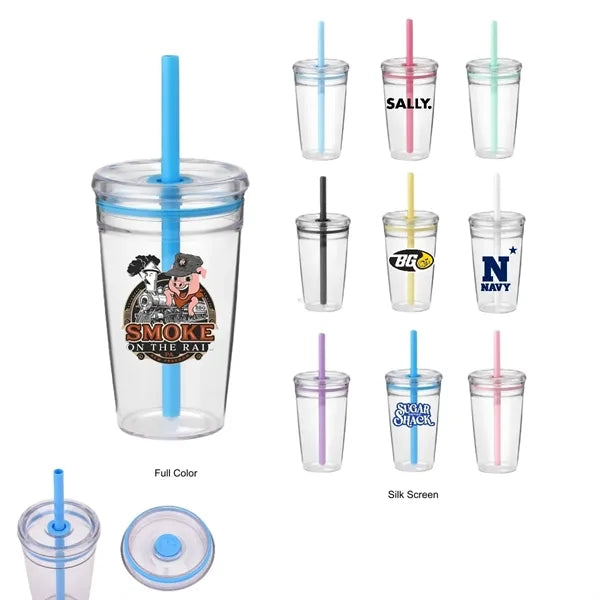 16 oz Clear Double-Wall Acrylic Tumbler w/ Pastel Straw