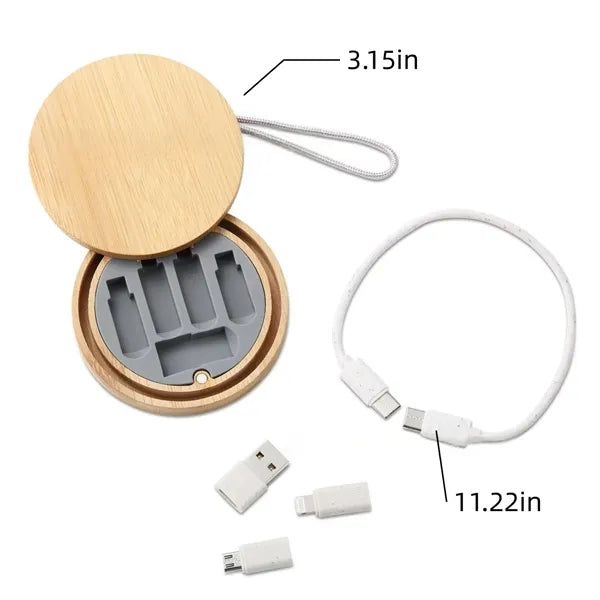 Round Bamboo Multi USB Charging Adapter Cable Kit for Travel