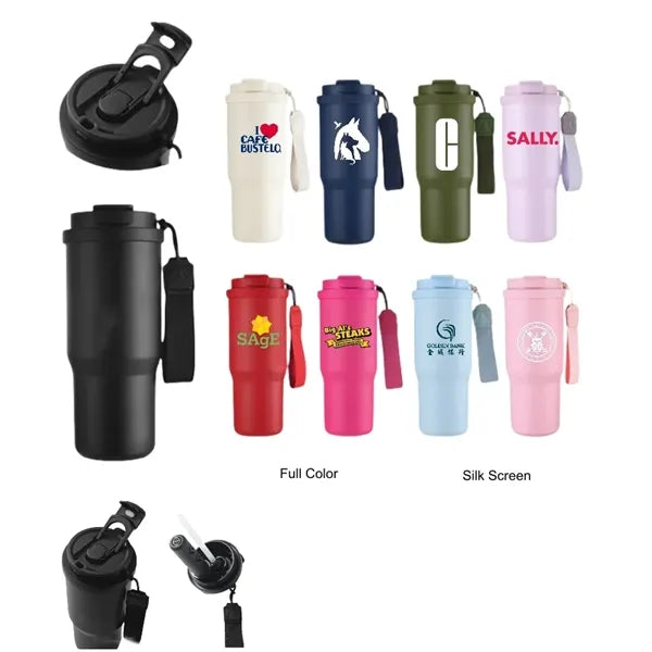 25 oz Leakproof Travel Tumbler with Carry Strap & Flip Lid