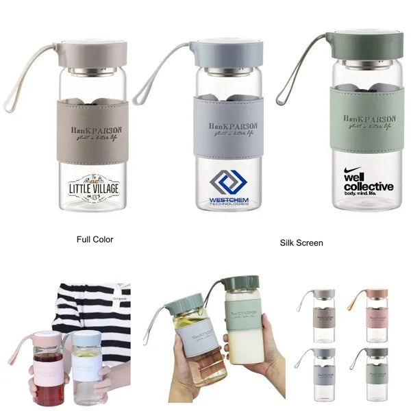 16 oz Borosilicate Glass Bottle w/ Silicone Sleeve & Strap