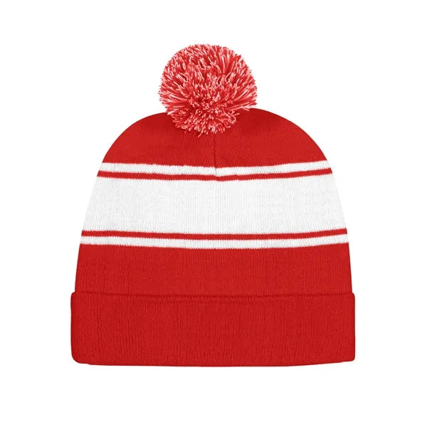 Two-Tone Knit Pom Beanie With Cuff