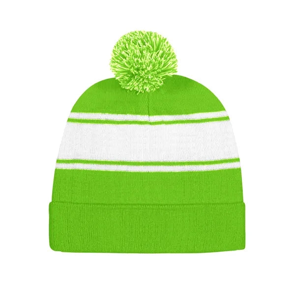 Two-Tone Knit Pom Beanie With Cuff