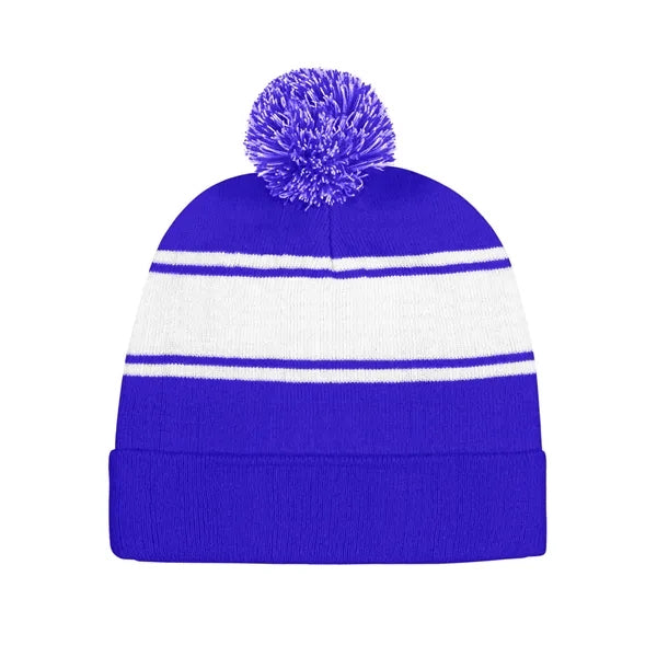 Two-Tone Knit Pom Beanie With Cuff