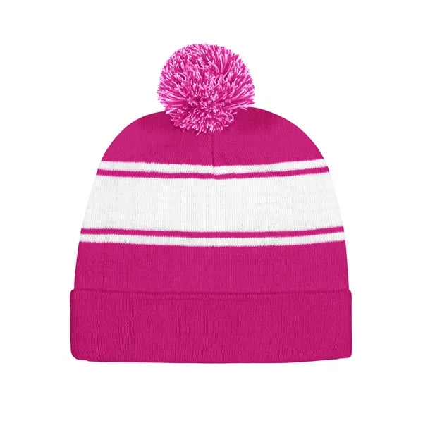 Two-Tone Knit Pom Beanie With Cuff