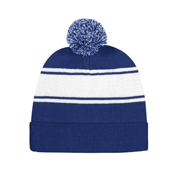 Two-Tone Knit Pom Beanie With Cuff
