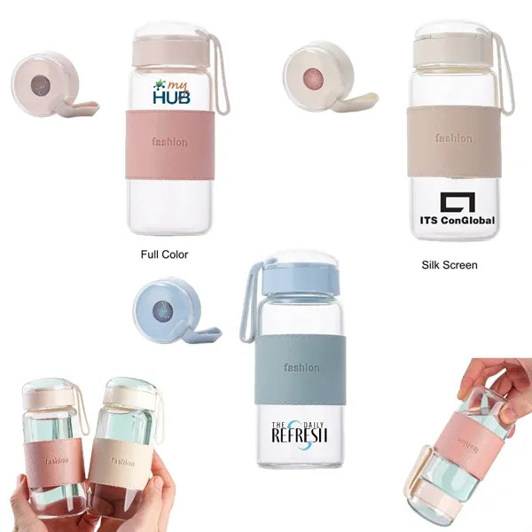 12 oz Glass Water Bottle with Galaxy Lid & Leather Sleeve