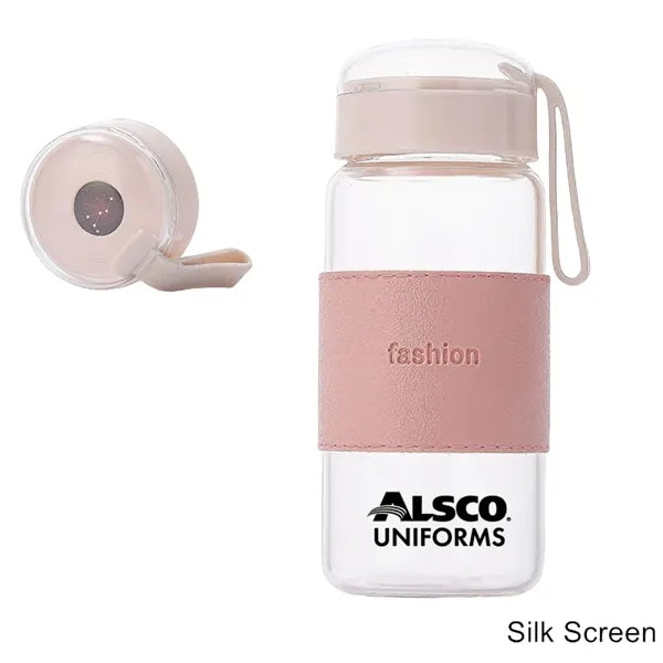 12 oz Glass Water Bottle with Galaxy Lid & Leather Sleeve