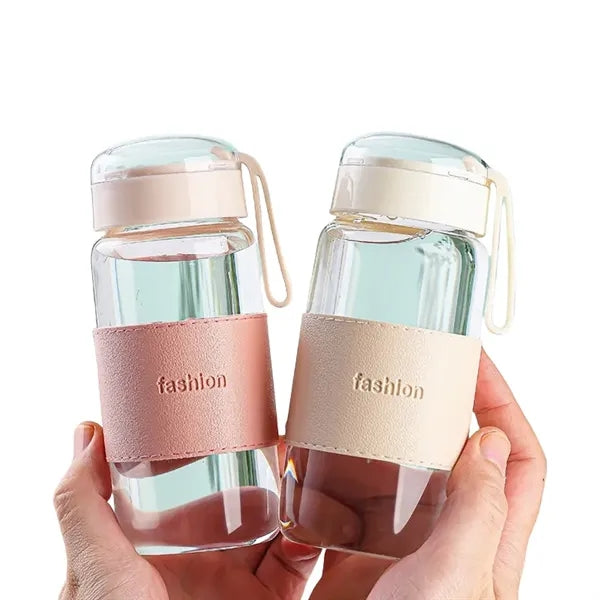 12 oz Glass Water Bottle with Galaxy Lid & Leather Sleeve