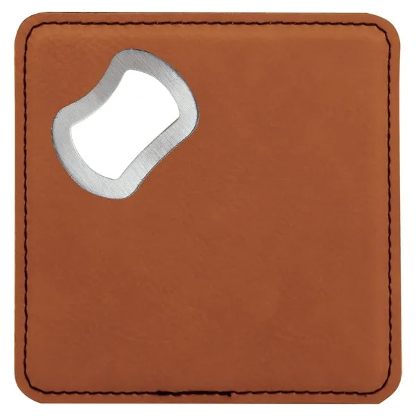 4"x4" Square Rawhide Leatherette Coaster w/ Bottle Opener