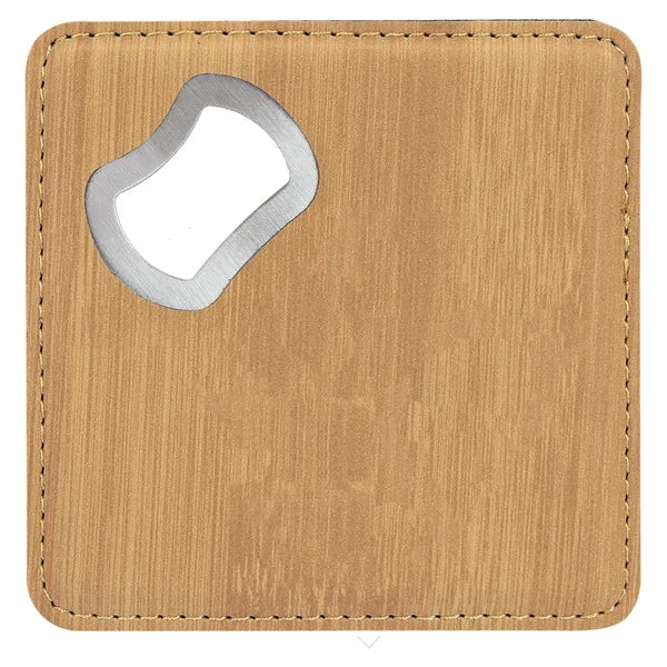 4"x4" Square Bamboo Leatherette Coaster w/ Bottle Opener