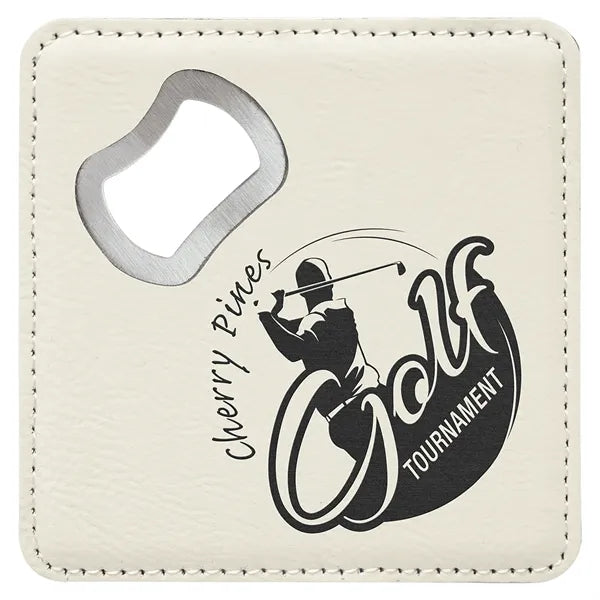 4"x4" Square White Leatherette Coaster w/ Bottle Opener