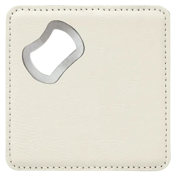 4"x4" Square White Leatherette Coaster w/ Bottle Opener