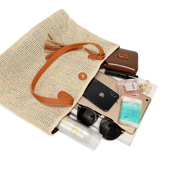 Women's Straw Tote Bag Tassel Accent Summer Style