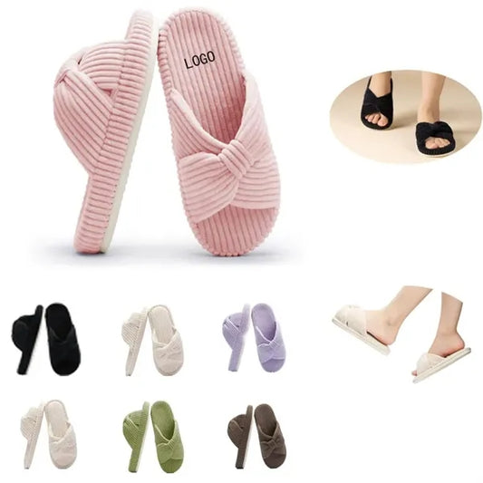 Memory Foam Bedroom Corduroy Bow Crossbands Slide Slippers