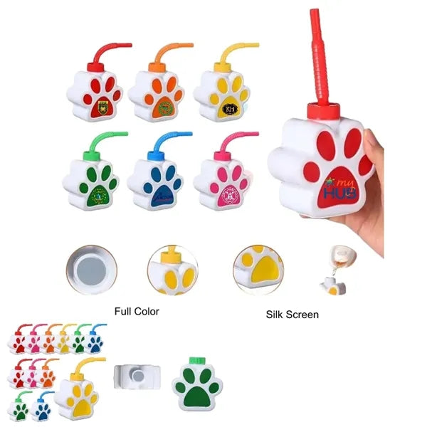 10 oz Paw-Shaped Sipper Plastic Bottle with Flexible Straw