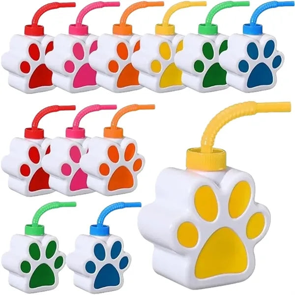 10 oz Paw-Shaped Sipper Plastic Bottle with Flexible Straw