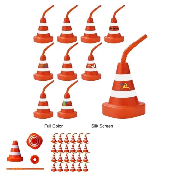 10 oz Traffic Construction Cone Drink Bottle with Straw