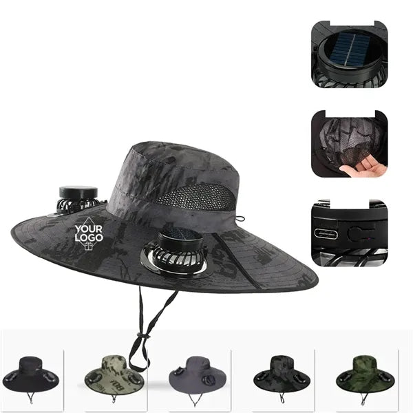 Wide Brim Sun Hat with 2 Solar Fan Bucket Fishing Beach