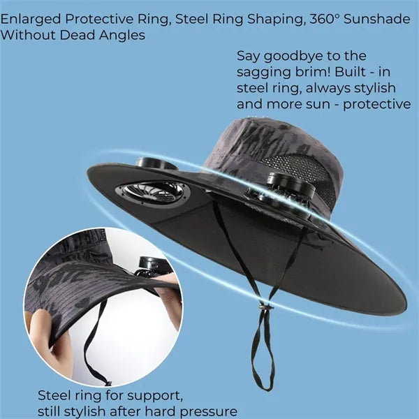 Wide Brim Sun Hat with 2 Solar Fan Bucket Fishing Beach