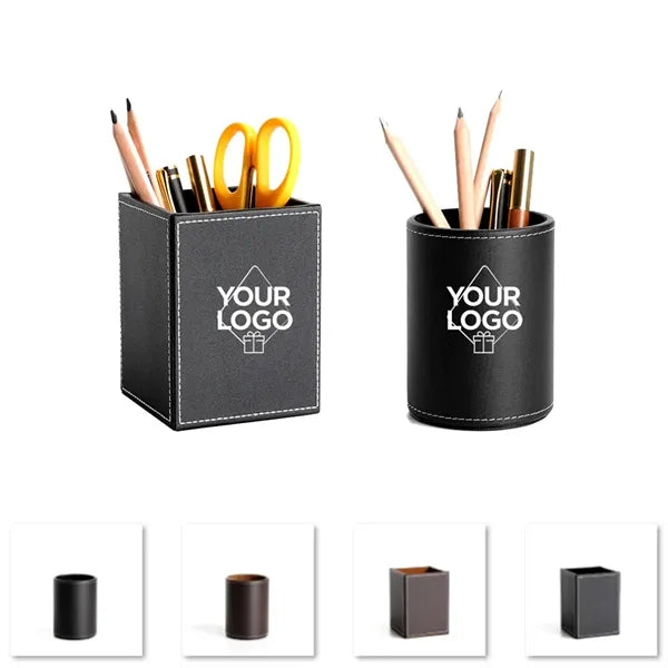 PU Leather Square Cylinder Storage Pens Pencils Holder Cup