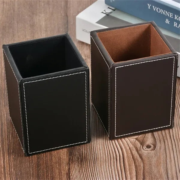 PU Leather Square Cylinder Storage Pens Pencils Holder Cup