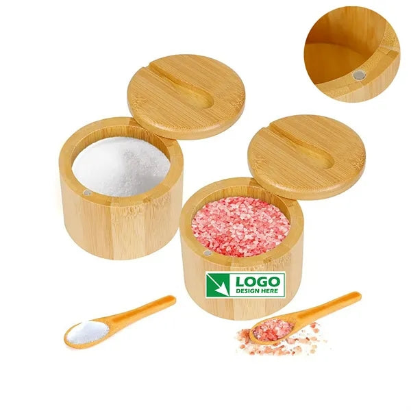 Bamboo Salt Cellar Spice Box with Magnetic Lid & Spoon