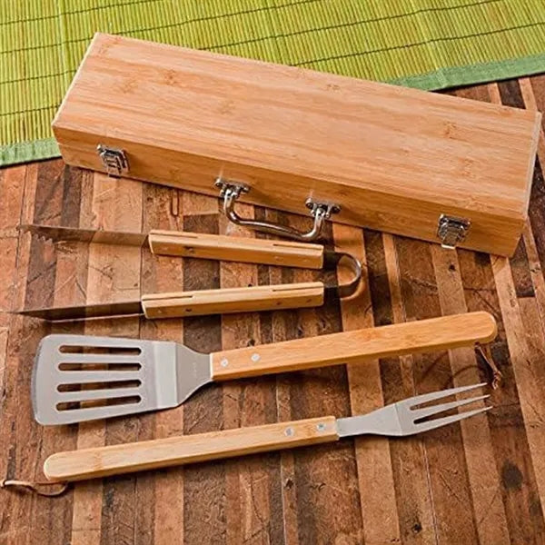 3PCS Wooden Handle Stainless Steel BBQ Set w/ Case