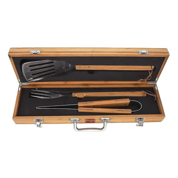 3PCS Wooden Handle Stainless Steel BBQ Set w/ Case