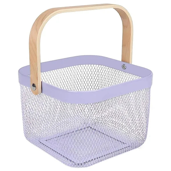 Multi Functional Wooden Handle Mesh Metal Storage Basket