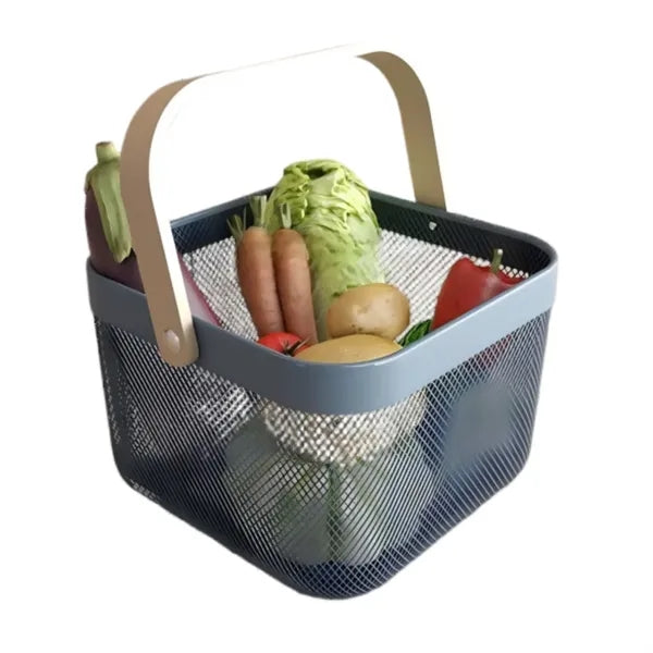 Multi Functional Wooden Handle Mesh Metal Storage Basket