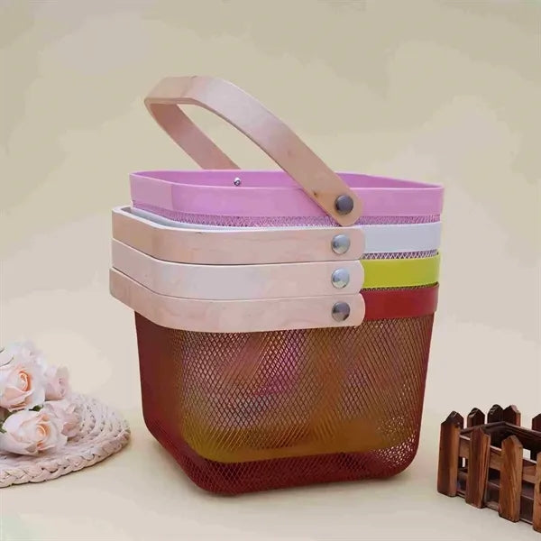 Multi Functional Wooden Handle Mesh Metal Storage Basket