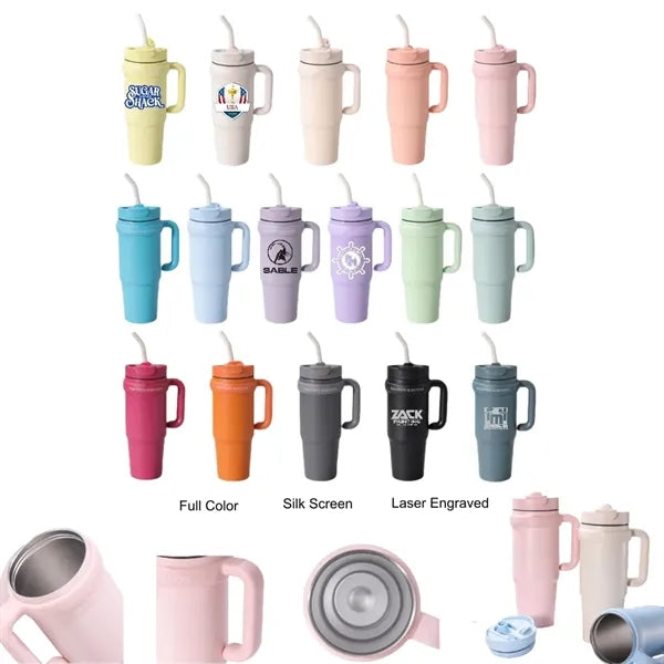 30 oz Double Wall Stainless Straw Tumbler with Handle & Lid