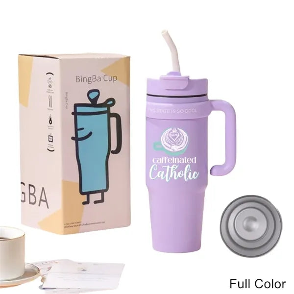 30 oz Double Wall Stainless Straw Tumbler with Handle & Lid