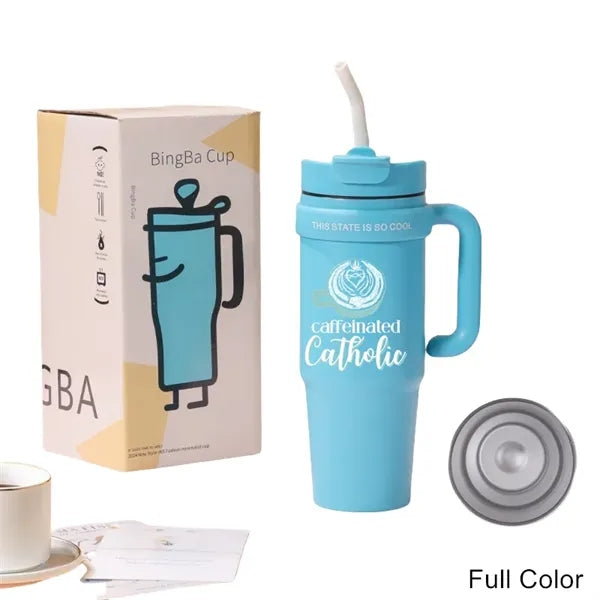 30 oz Double Wall Stainless Straw Tumbler with Handle & Lid