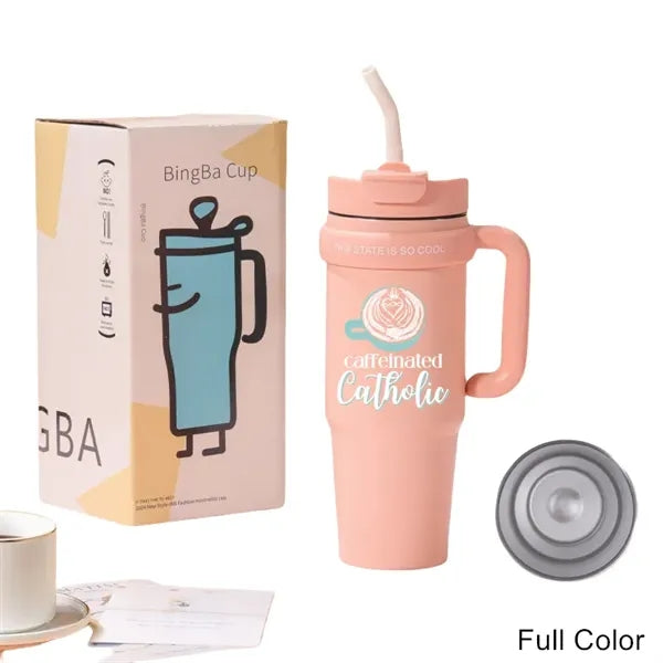 30 oz Double Wall Stainless Straw Tumbler with Handle & Lid