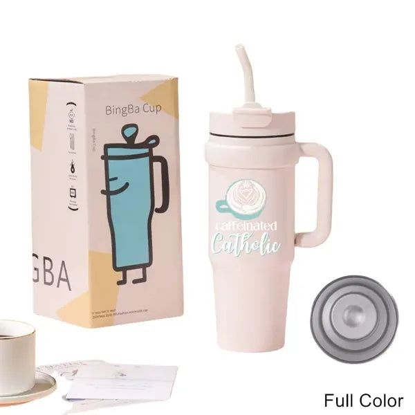30 oz Double Wall Stainless Straw Tumbler with Handle & Lid