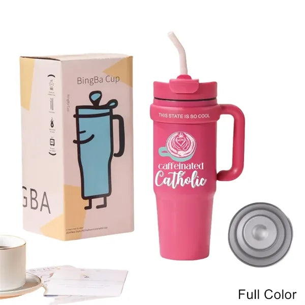30 oz Double Wall Stainless Straw Tumbler with Handle & Lid
