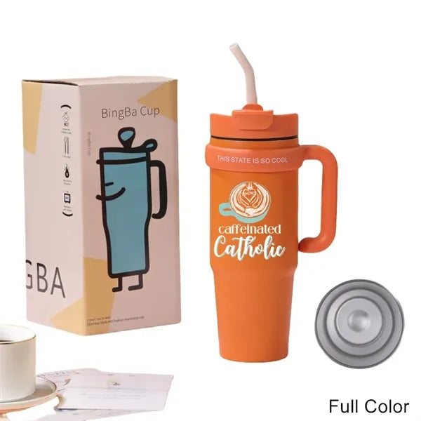 30 oz Double Wall Stainless Straw Tumbler with Handle & Lid