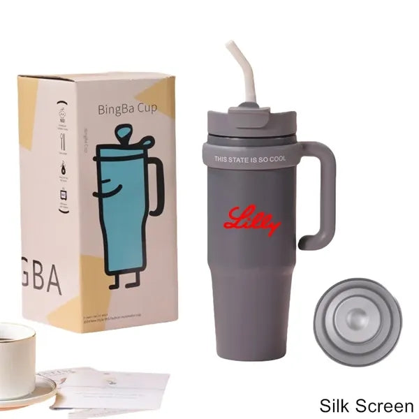 30 oz Double Wall Stainless Straw Tumbler with Handle & Lid