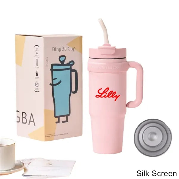 30 oz Double Wall Stainless Straw Tumbler with Handle & Lid