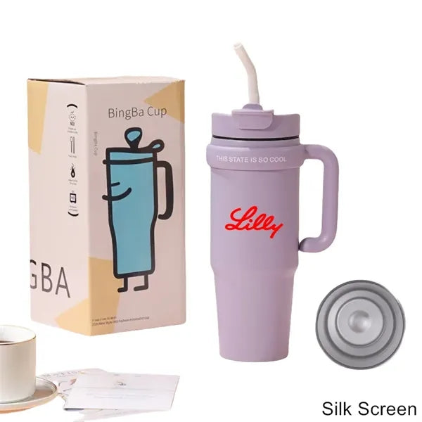 30 oz Double Wall Stainless Straw Tumbler with Handle & Lid