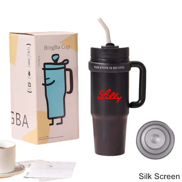 30 oz Double Wall Stainless Straw Tumbler with Handle & Lid
