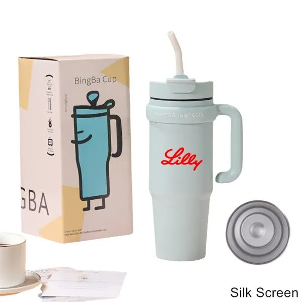 30 oz Double Wall Stainless Straw Tumbler with Handle & Lid